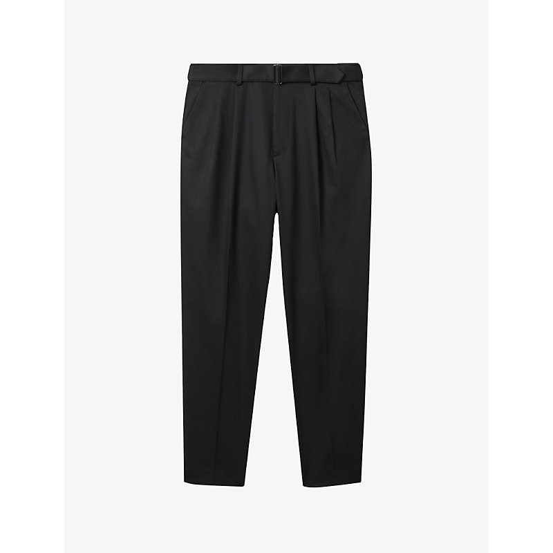 Reiss Mens Black Liquid Pleated Tapered-leg Stretch Cotton-blend Trousers