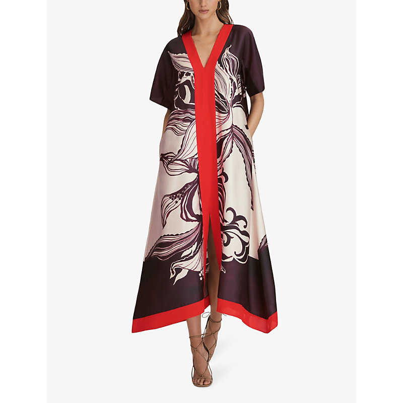 Shop Reiss Hanna Graphic-print Woven Maxi Dress In Ivory/burgundy