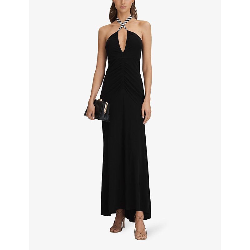 Shop Reiss Womens Black Iris Tie-neck Slim-fit Jersey Maxi Dress