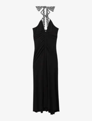 Shop Reiss Women's Black Iris Tie-neck Slim-fit Jersey Maxi Dress