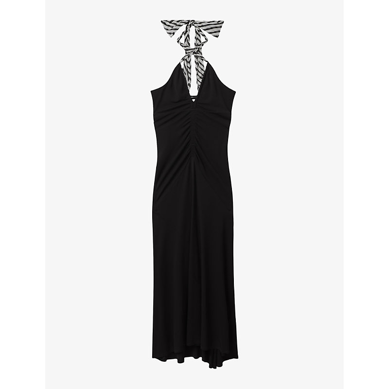 Shop Reiss Women's Black Iris Tie-neck Slim-fit Jersey Maxi Dress