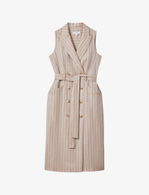 Reiss Neutral Wool Blend Striped Double Breasted Midi Dress In Neutral
