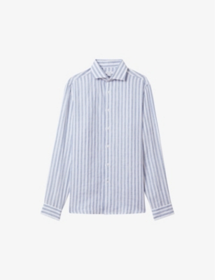 Shop Reiss Men's Soft Blue Herri Ruban Cutaway-collar Striped Linen Shirt