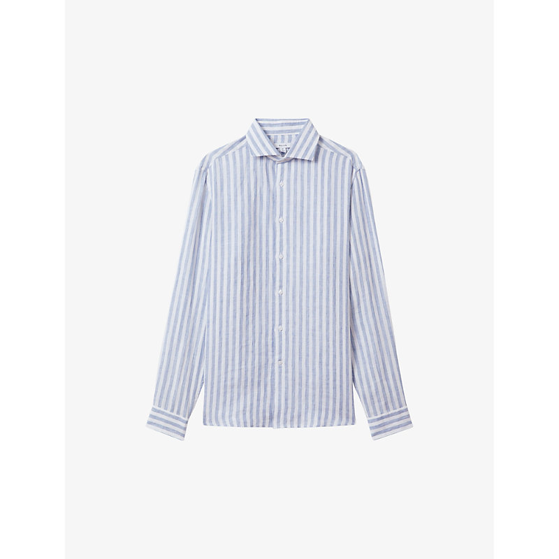 Shop Reiss Ruban Cutaway-collar Striped Linen In Soft Blue Herri