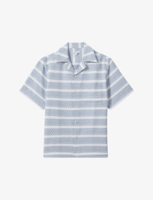 Shop Reiss Men's White/soft Blue Kesh Herringbone-texture Short-sleeve Cotton Shirt