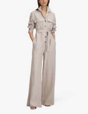 Shop Reiss Women's Neutral Anita Long-sleeve Wide-leg Linen Jumpsuit