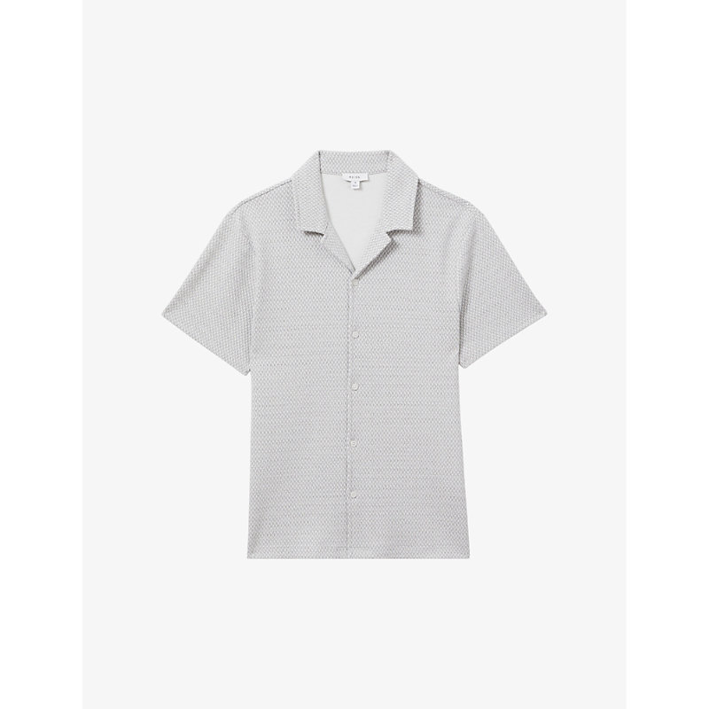 Shop Reiss Men's Light Grey Brewer Textured-weave Stretch Cotton-blend Shirt