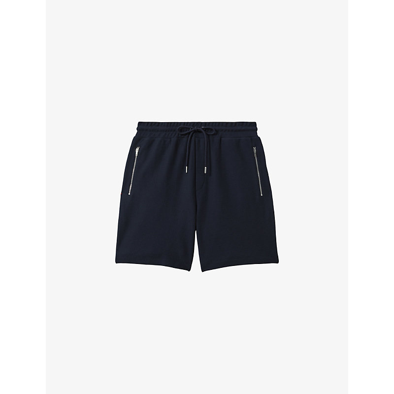 Shop Reiss Men's Navy Hester Textured-weave Cotton Shorts