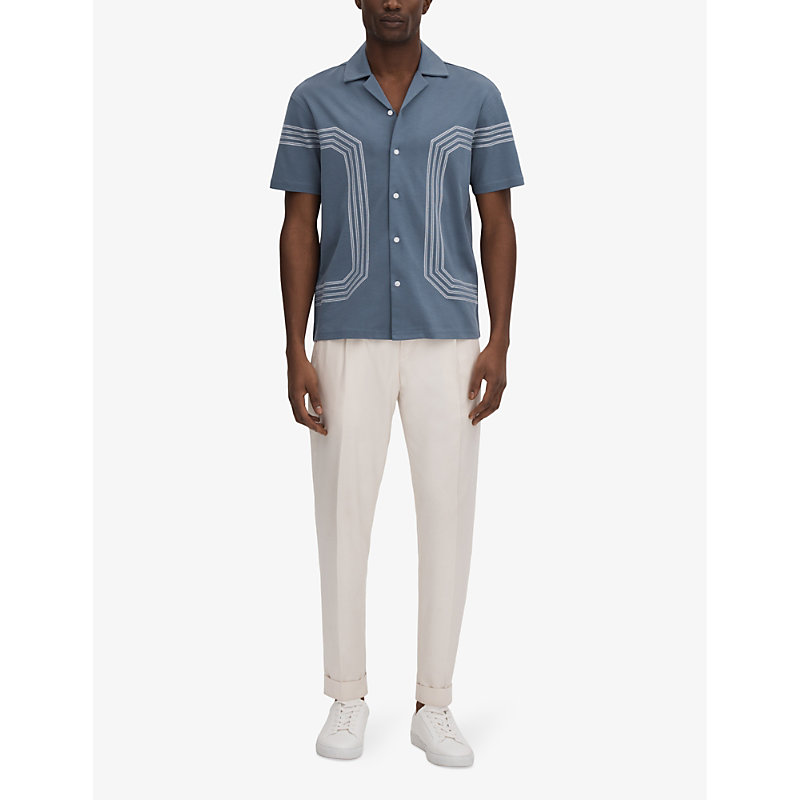 Shop Reiss Arlington Stripe-embroidered Relaxed-fit Cotton Shirt In Airforce Blue