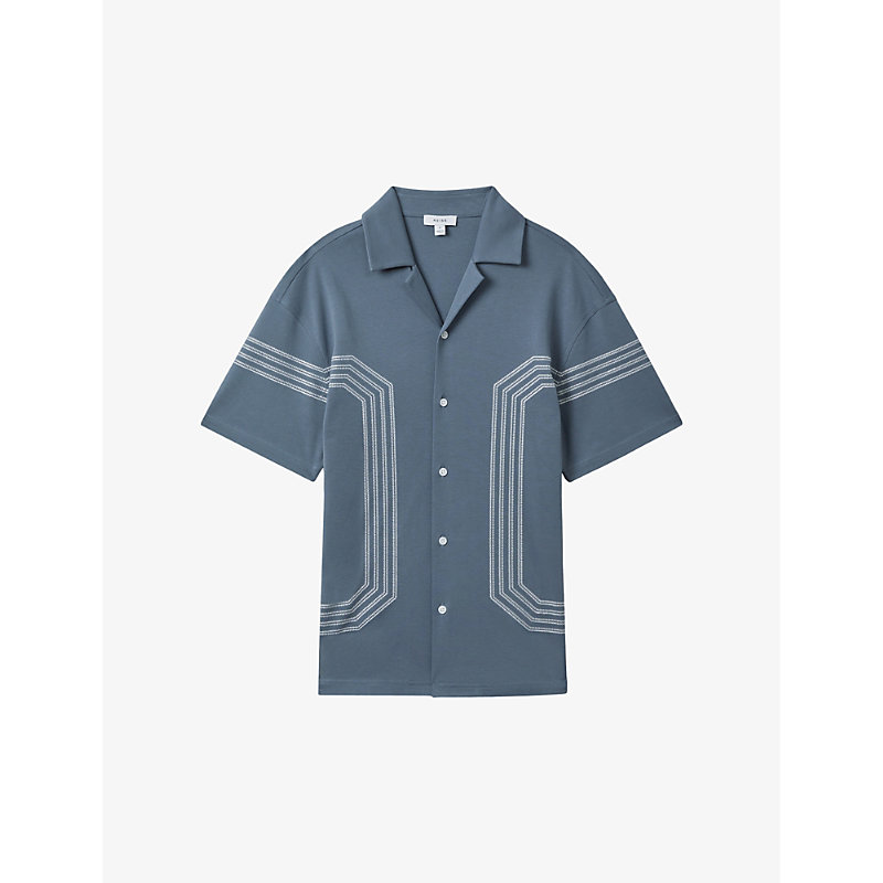 Shop Reiss Arlington Stripe-embroidered Relaxed-fit Cotton Shirt In Airforce Blue