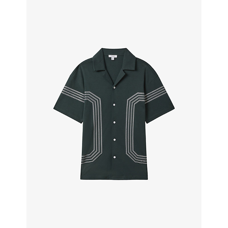 Shop Reiss Mens Emerald Arlington Stripe-embroidered Relaxed-fit Cotton Shirt