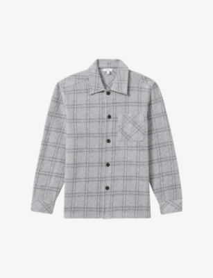 Shop Reiss Men's Soft Grey Olivier Brushed-check Regular-fit Wool-blend Overshirt