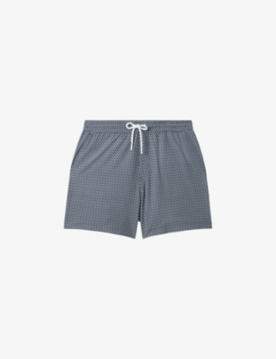 Shop Reiss Men's Airforce Blue/w Shape Geometric-print Recycled-polyester Blend Swimming Shorts