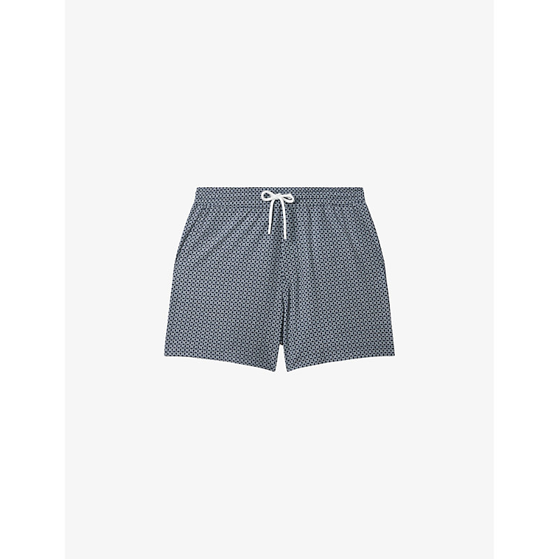 Shop Reiss Men's Airforce Blue/w Shape Geometric-print Recycled-polyester Blend Swimming Shorts