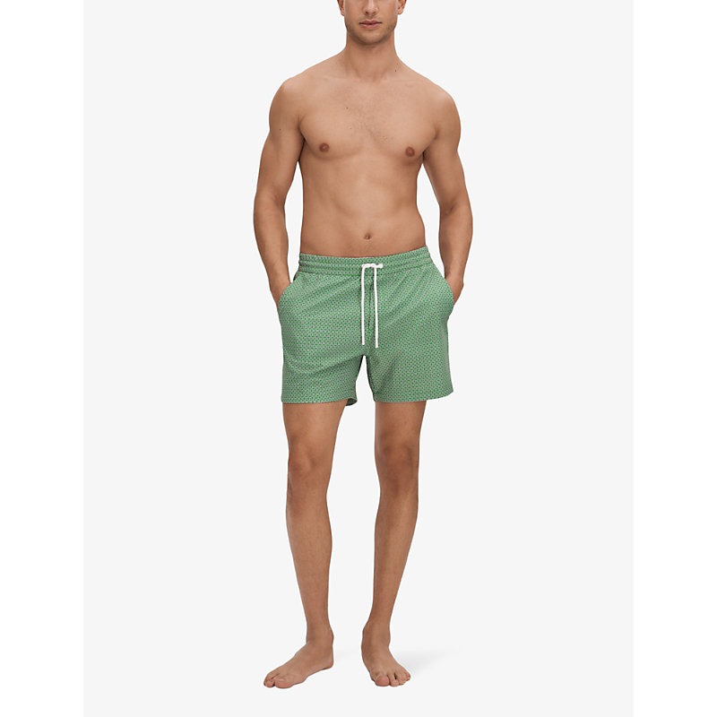 Shop Reiss Shape Geometric-print Recycled-polyester Blend Swimming Shorts In Bright Green/wh