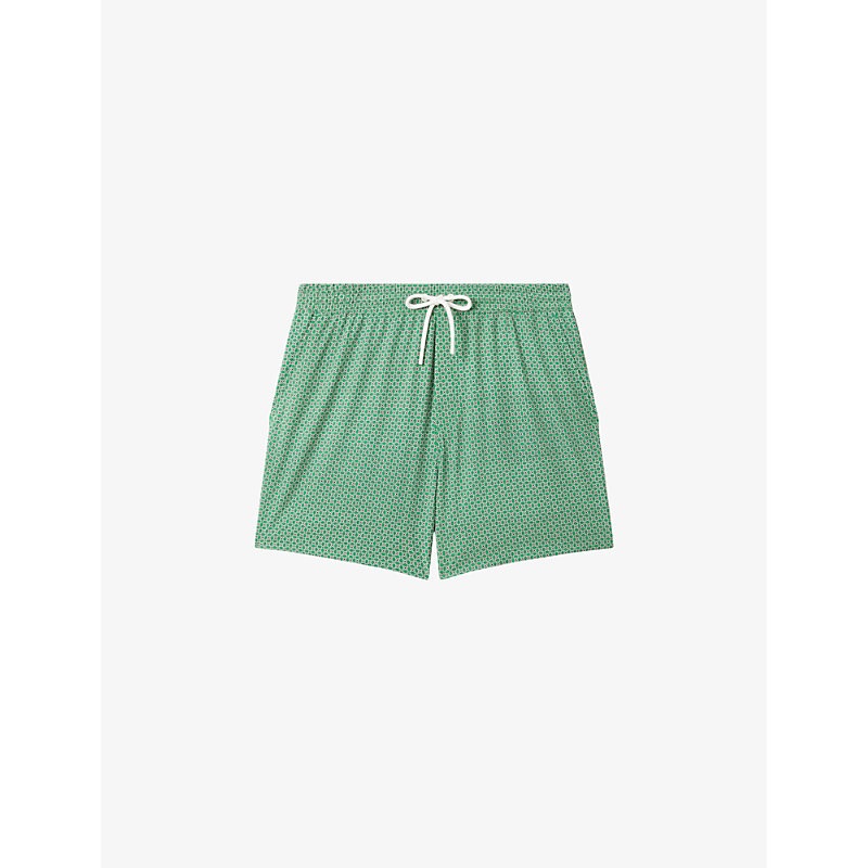 Shop Reiss Men's Bright Green/wh Shape Geometric-print Recycled-polyester Blend Swimming Shorts