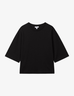 Reiss Womens Black Cassie Cropped Oversized Cotton T-shirt In Black