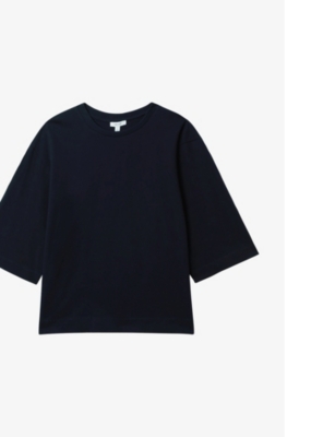 Reiss Womens Navy Cassie Cropped Oversized Cotton T-shirt In Navy