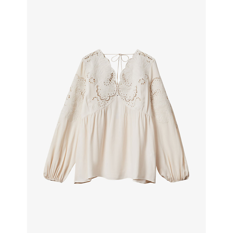 Shop Reiss Women's Cream Noa Lace-insert Relaxed-fit Stretch-woven Blouse