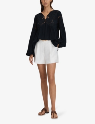 Shop Reiss Noa Lace-insert Relaxed-fit Stretch-woven Blouse In Navy
