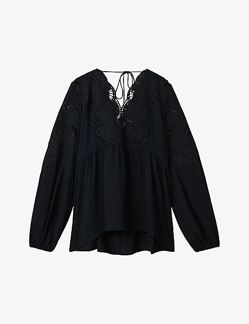 REISS: Noa lace-insert relaxed-fit stretch-woven blouse