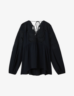 Shop Reiss Noa Lace-insert Relaxed-fit Stretch-woven Blouse In Navy