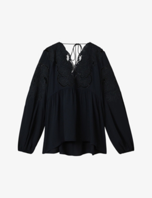 Reiss Navy Lace Cut-out Blouse In Navy