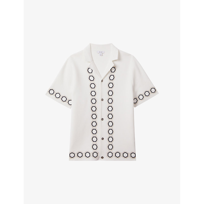 Shop Reiss Mens White Decoy Geometric-weave Knitted Shirt