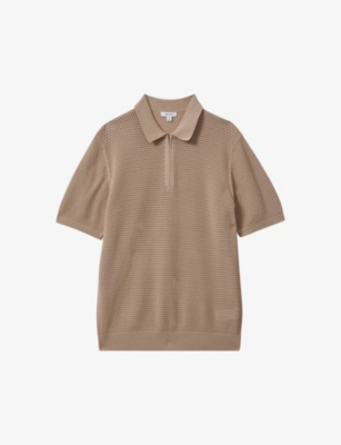 Shop Reiss Men's Taupe Burnham Textured-weave Knitted Polo Shirt