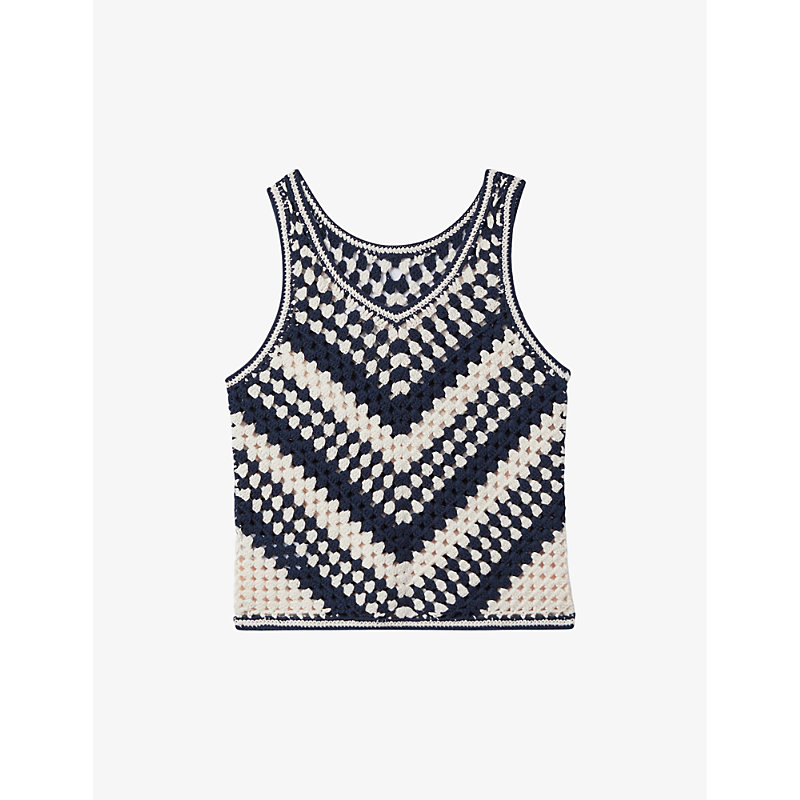 Shop Reiss Women's Navy/ivory Sabrina Crew-neck Colour-block Crochet Vest