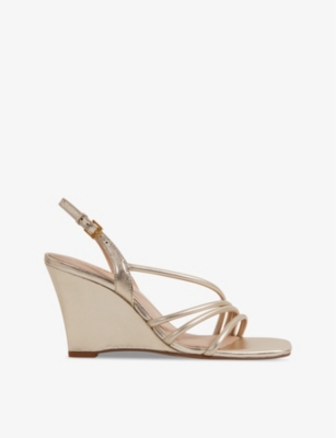 Shop Reiss Women's Gold Anya Strappy Metallic-leather Heeled Wedges