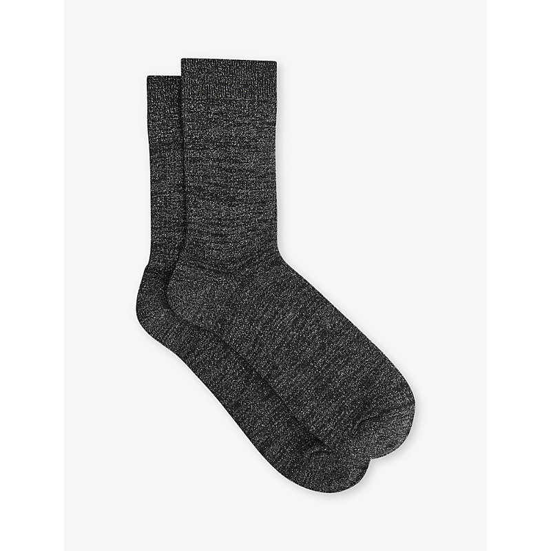 Reiss Carrie Ribbed Sparkle Stretch-cotton Ankle Socks In Black