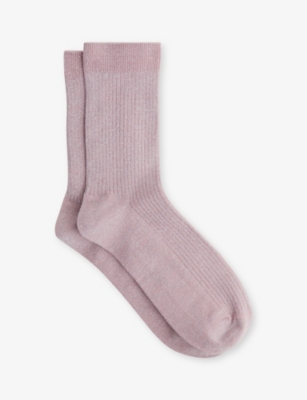 Reiss Carrie Ribbed Sparkle Stretch-cotton Ankle Socks In Blush