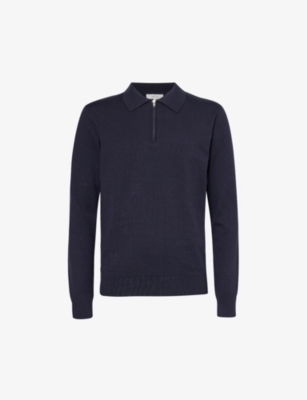 Arne Mens Navy Regular-fit Ribbed Cotton-knit Polo Shirt
