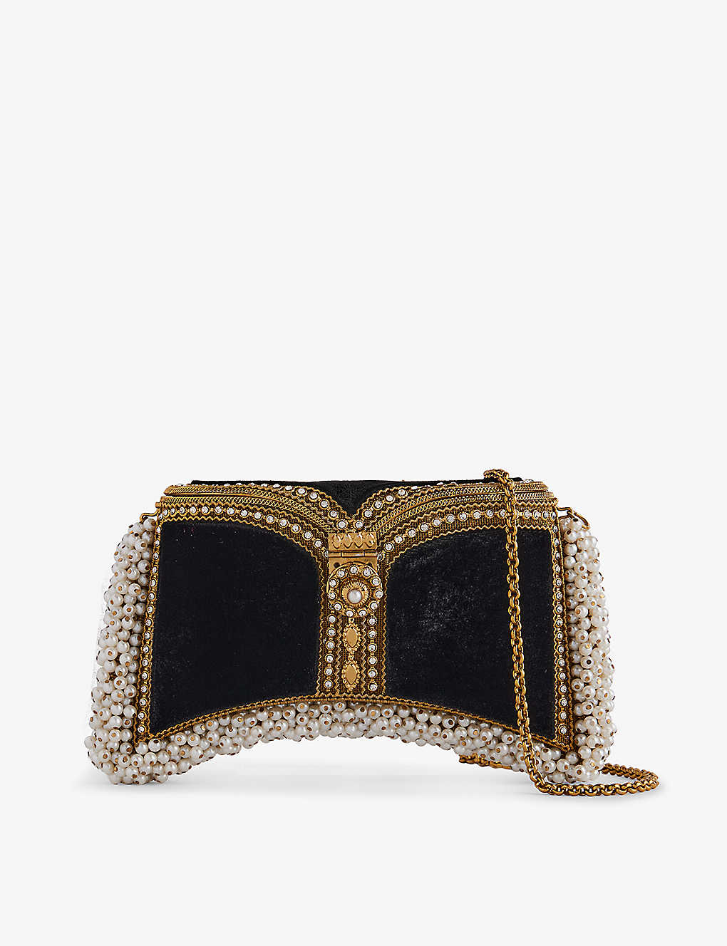 Mae Cassidy Womens Black Pearl Antique Gold Zeenat Gold-toned Metal Clutch Bag