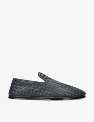Shop Bottega Veneta Mens Grey/dark Weave Intrecciato Leather Loafers