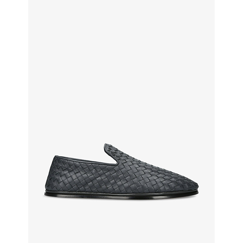 Shop Bottega Veneta Mens Grey/dark Weave Intrecciato Leather Loafers