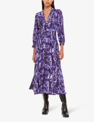 Shop Whistles Womens Multi-coloured Glossy Leopard-print Long-sleeve Woven Midi Dress In Purple/white