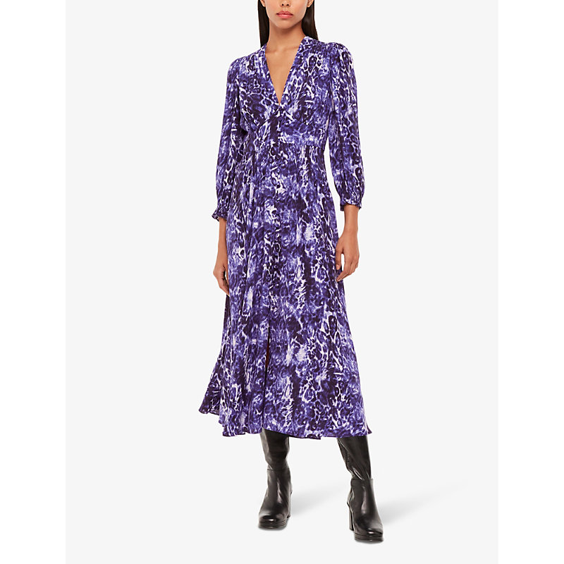 Shop Whistles Glossy Leopard-print Long-sleeve Woven Midi Dress In Purple/white