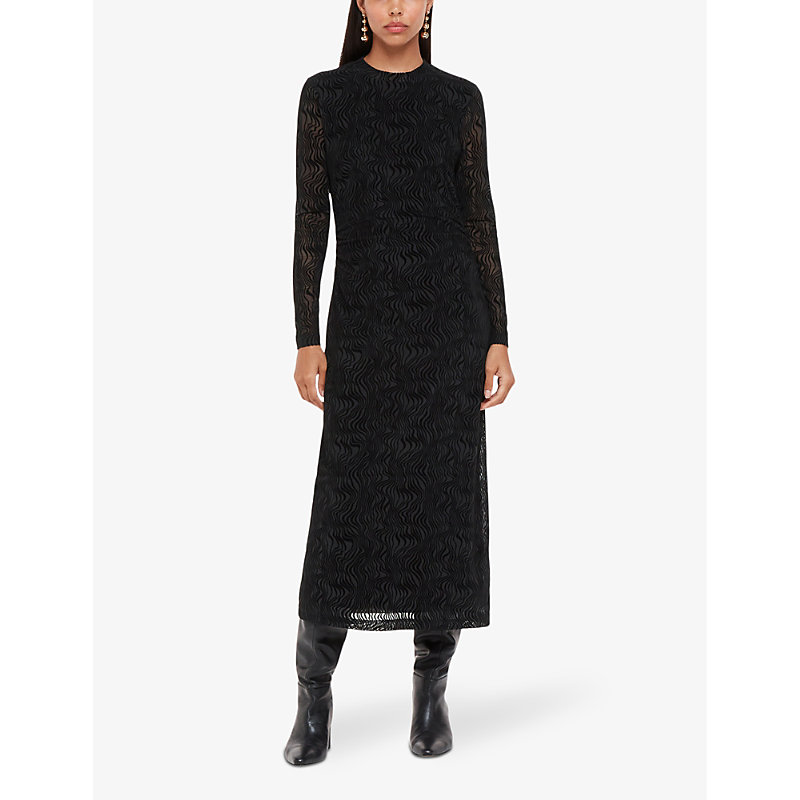 Shop Whistles Squiggle Long-sleeve Stretch-mesh Midi Dress In Black