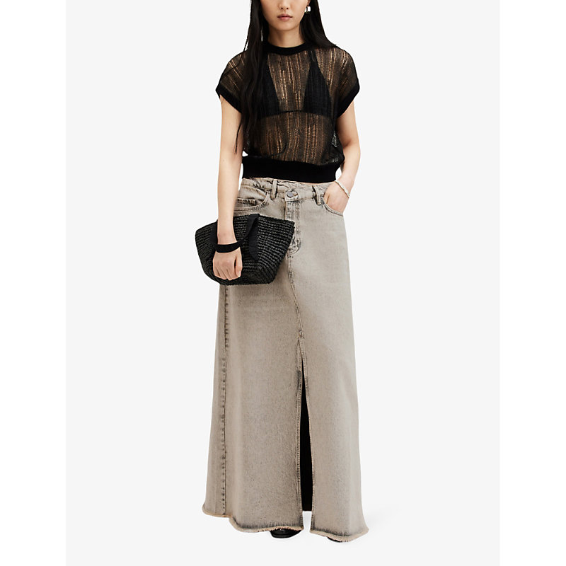 Shop Allsaints Women's Sand Grey Noir Crossover-waist High-rise Denim Maxi Skirt