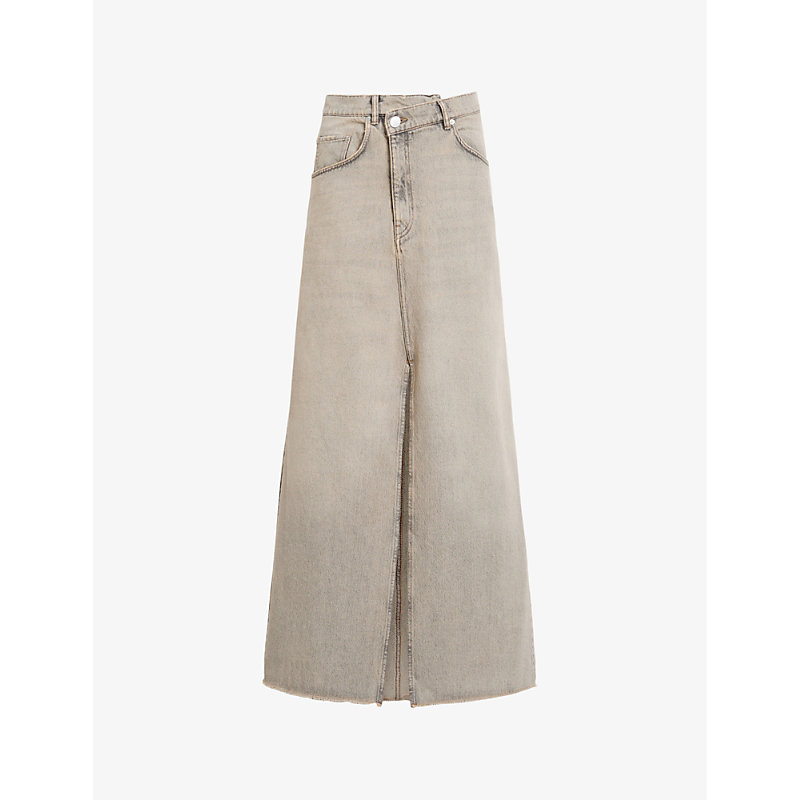 Shop Allsaints Women's Sand Grey Noir Crossover-waist High-rise Denim Maxi Skirt