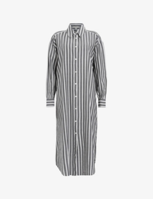 Shop Allsaints Women's Black/chalk Ani Stripe-print Relaxed-fit Organic-cotton Maxi Shirt Dress
