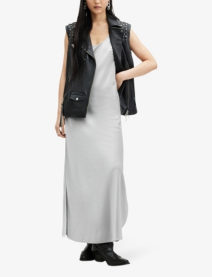 Shop Allsaints Women's Dark Silver Lisa Scoop-neck Sleeveless Organic-cotton Maxi Dress