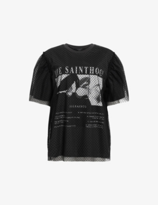 Allsaints Rosekis Tommi Graphic-print Puff-sleeve Organic-cotton T-shirt In Washed Black/b