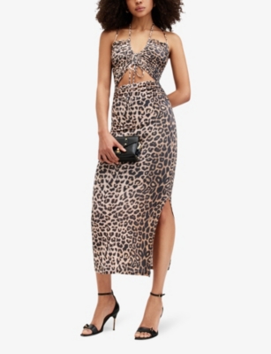Shop Allsaints Women's Leopard Brown Amaya Leppo Leopard-print Cut-out Stretch-woven Midi Dress
