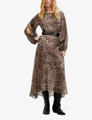 Shop Allsaints Women's Leopard Brown Jane Leopard-print Split-sleeve Woven Midi Dress