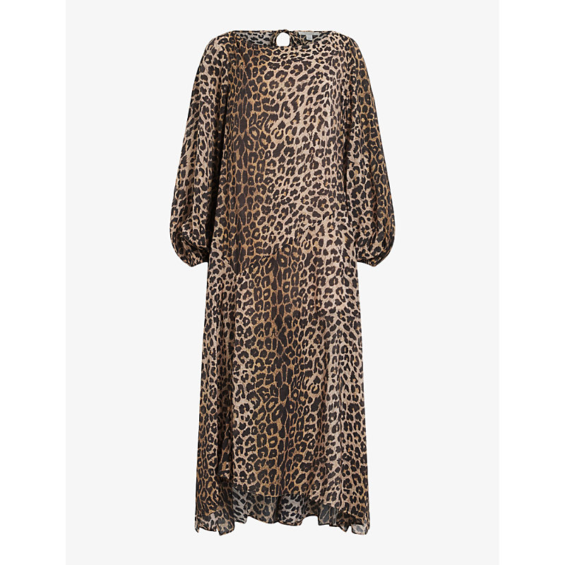 Allsaints Womens Leopard Brown Jane Leopard-print Split-sleeve Woven Midi Dress