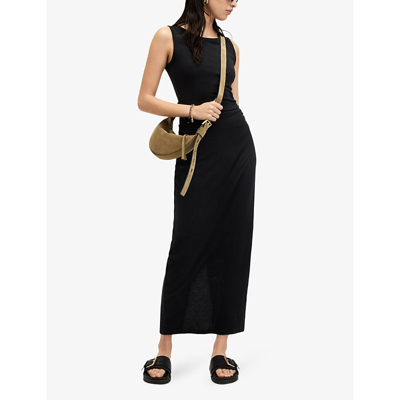 Shop Allsaints Women's Black Katarina Side-ruched Slim-fit Cotton Maxi Dress
