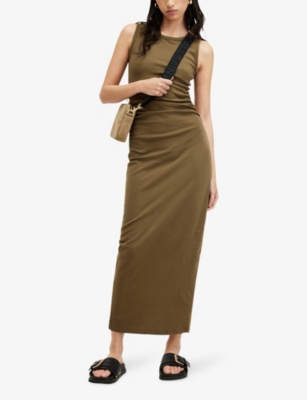 Shop Allsaints Katarina Side-ruched Slim-fit Cotton Maxi Dress In Olive Green